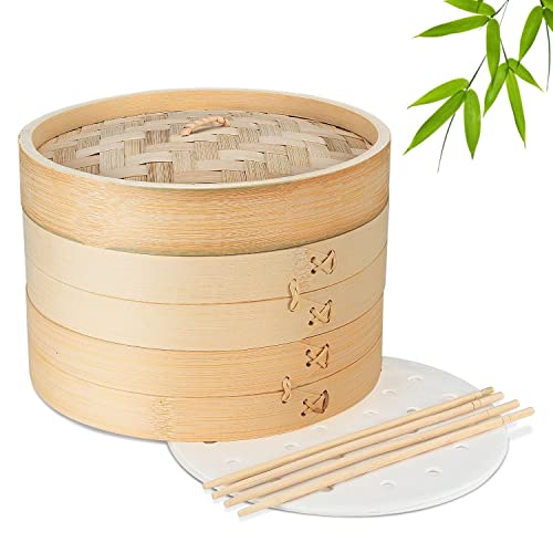 Flexzion Bamboo Steamer Basket Set 10 inch 50 x Steamer Liners and 2 Pairs of Chopsticks Steam Baskets for DimSum Dumplings Rice Vegetables Fish and Meat