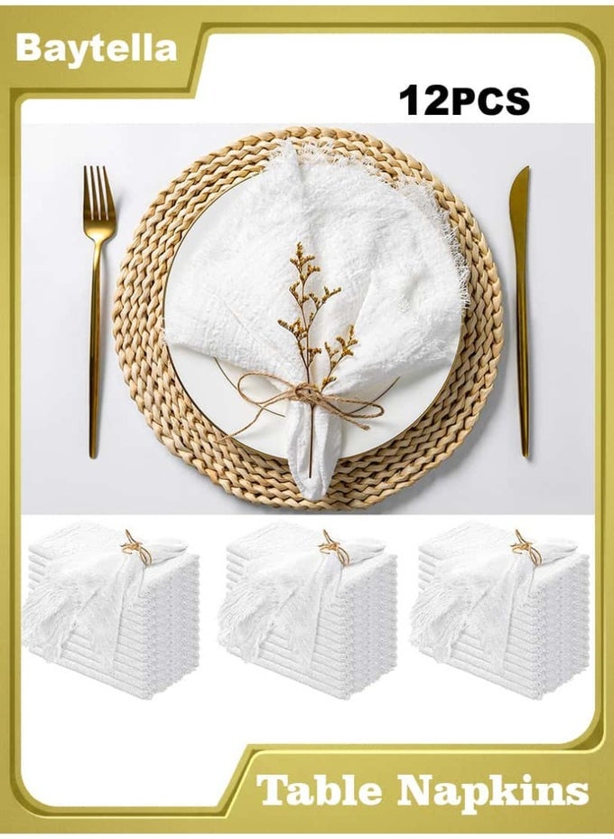 12 PCS COTTON LINEN CLOTH NAPKINS 43X43CM  HANDMADE FRINGE DINNER TABLE NAPKINS, SOFT RUSTIC FABRIC FOR WEDDINGS, PARTIES & HOME, WHITE