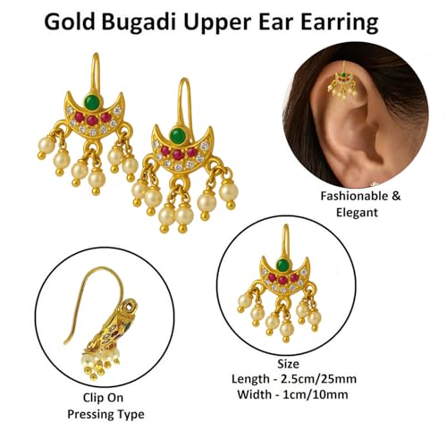Vama Fashions Half Moon Or Peacock Shape Maharashtrian Traditional Press on Bugadi Upper Ear Clip on Earrings For Women & Girls (Marathi Earring) - Image 3