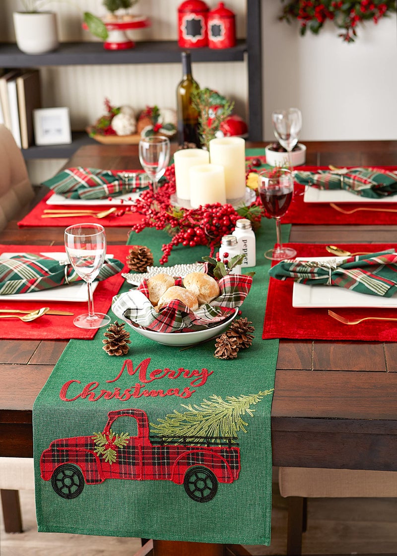 DII Holiday Dining Table Decoration Embroidered Christmas Table Runner  14x108  Plaid Christmas Truck - Image 5