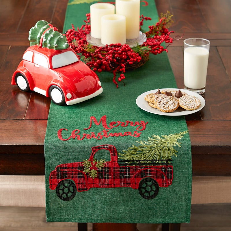 DII Holiday Dining Table Decoration Embroidered Christmas Table Runner  14x108  Plaid Christmas Truck - Image 3