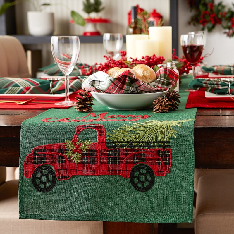 DII Holiday Dining Table Decoration Embroidered Christmas Table Runner  14x108  Plaid Christmas Truck - Image 4