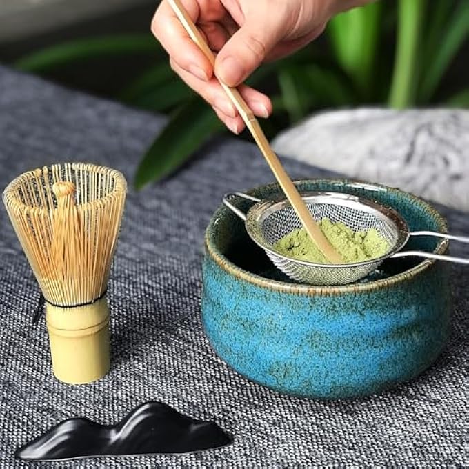 Moonmen 7 Pcs Japanese Matcha Tea Set Matcha Whisk SetMatcha Whisk And Bowl Whisk Holder Matcha ScoopThe Perfect Matcha Starter Making Kit For Matcha Tea Ceremony Kiln GlazeBlue - Image 4