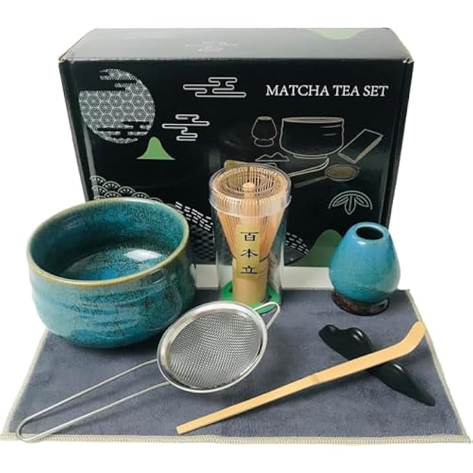 Moonmen 7 Pcs Japanese Matcha Tea Set Matcha Whisk SetMatcha Whisk And Bowl Whisk Holder Matcha ScoopThe Perfect Matcha Starter Making Kit For Matcha Tea Ceremony Kiln GlazeBlue - Image 2