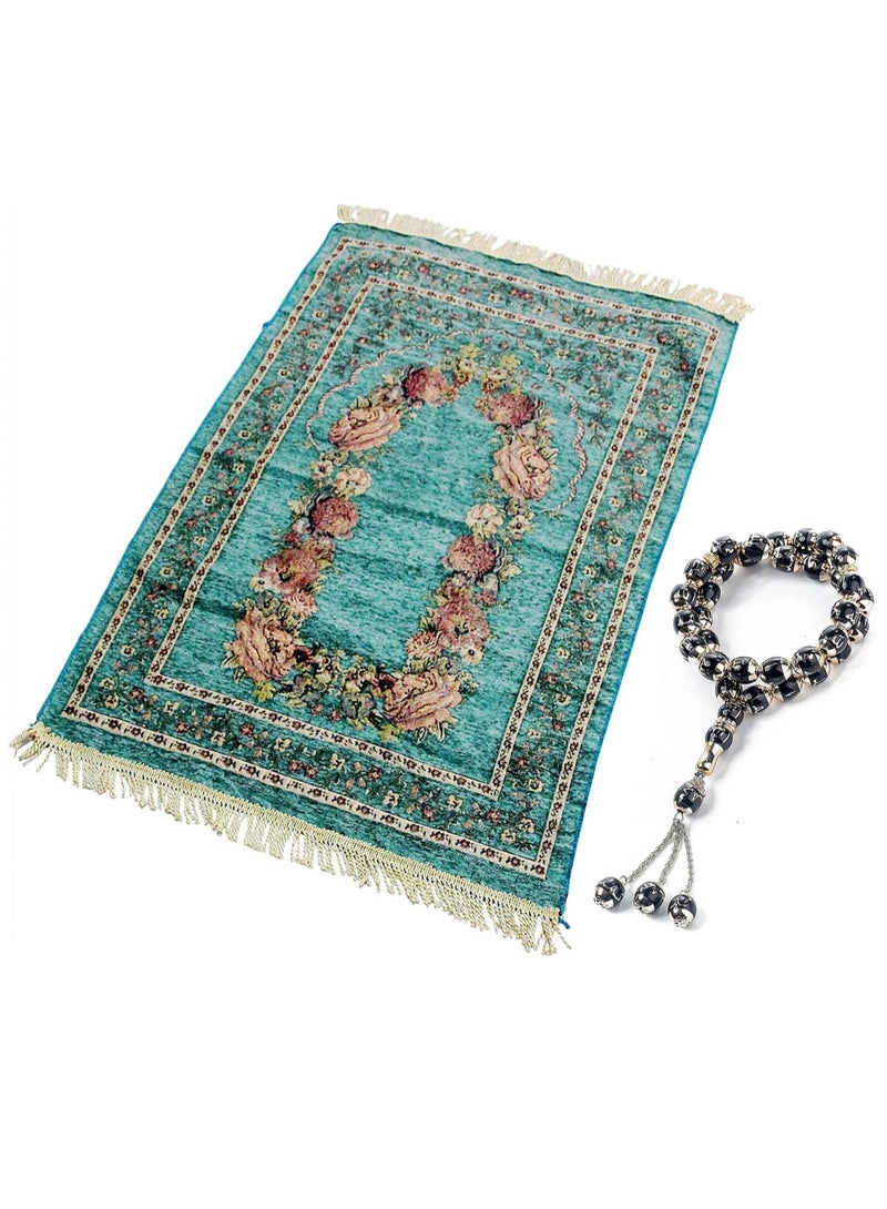 Ramadan Prayer Mats with Prayer Beads Portable Muslim Prayer Rug Velvet Muslim Prayer Carpet Mat Rug Ramadan Gifts Eid Gifts for Praying Men Women and Kids (Green) - Image 1