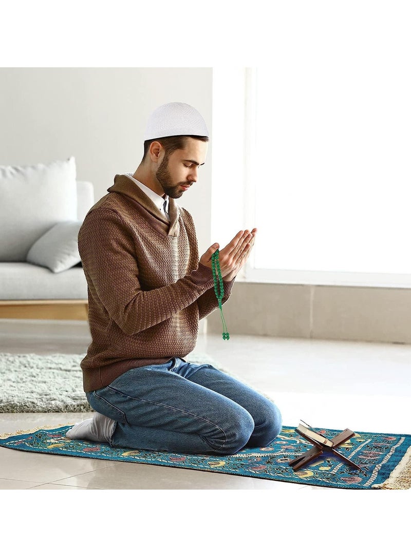Ramadan Prayer Mats with Prayer Beads Portable Muslim Prayer Rug Velvet Muslim Prayer Carpet Mat Rug Ramadan Gifts Eid Gifts for Praying Men Women and Kids (Green) - Image 2