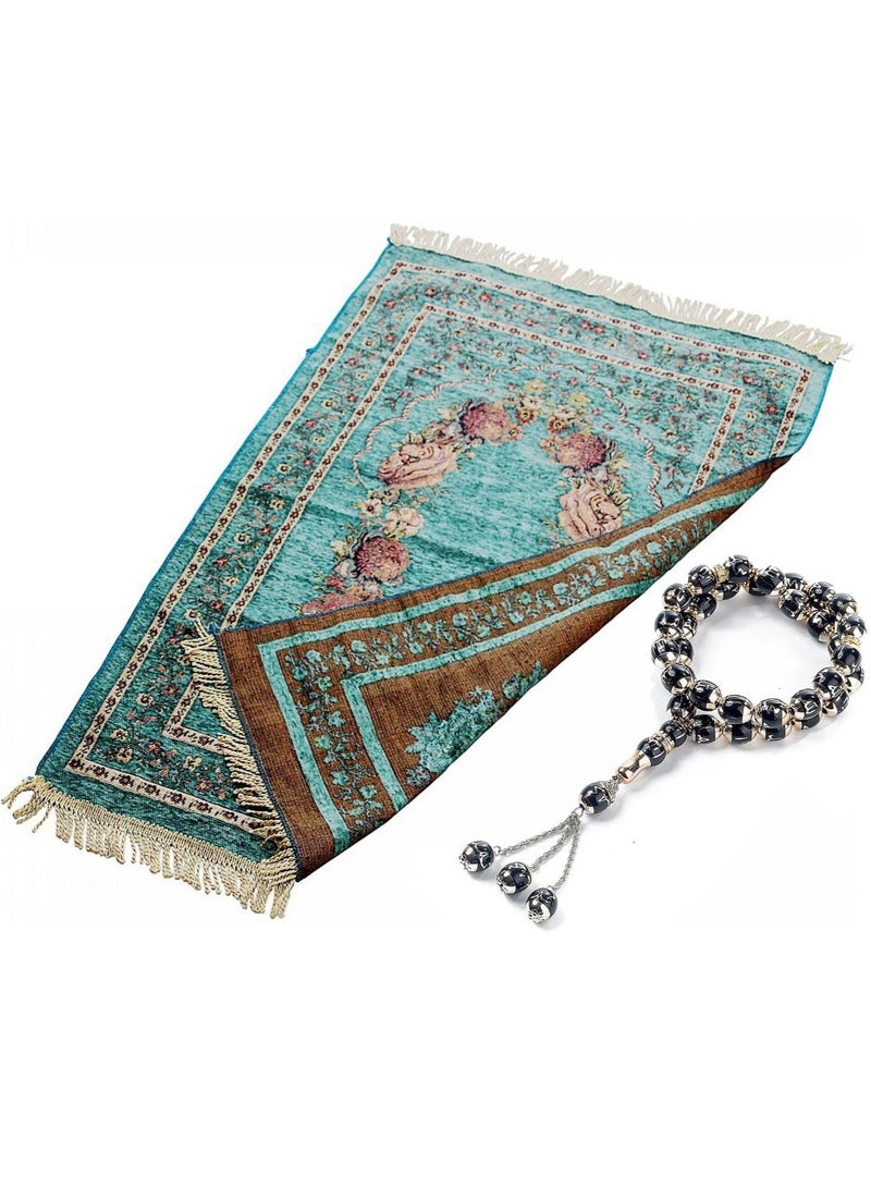 Ramadan Prayer Mats with Prayer Beads Portable Muslim Prayer Rug Velvet Muslim Prayer Carpet Mat Rug Ramadan Gifts Eid Gifts for Praying Men Women and Kids (Green) - Image 3