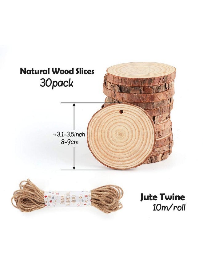 ilauke Natural Wood Slices 30Pcs 3.1''3.5'' Unfinished Wood Crafts With Predrilled Hole, Wood Slices Ornaments For Christmas Diy Rustic Crafts Wooden Circles Coasters Wedding Decor, 33 Feet Twine  - Image 3