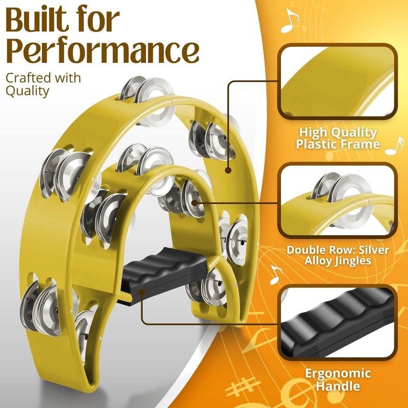 Flexzion Tambourine Metal Half Moon Musical Instruments Double Row Metal Jingles Hand Held Instruments Percussion with Ergonomic Handle Grip, Tambourines for Adults Church, Yellow - Image 3