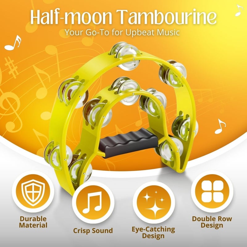Flexzion Tambourine Metal Half Moon Musical Instruments Double Row Metal Jingles Hand Held Instruments Percussion with Ergonomic Handle Grip, Tambourines for Adults Church, Yellow - Image 2