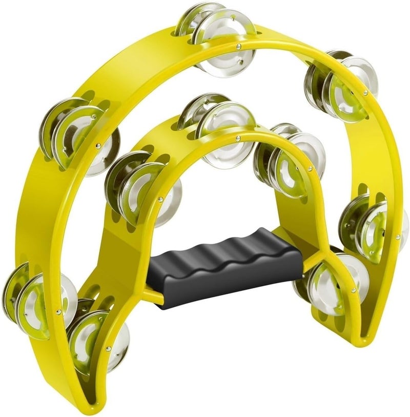 Flexzion Tambourine Metal Half Moon Musical Instruments Double Row Metal Jingles Hand Held Instruments Percussion with Ergonomic Handle Grip, Tambourines for Adults Church, Yellow - Image 1