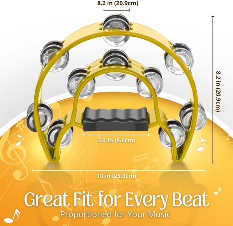 Flexzion Tambourine Metal Half Moon Musical Instruments Double Row Metal Jingles Hand Held Instruments Percussion with Ergonomic Handle Grip, Tambourines for Adults Church, Yellow - Image 4