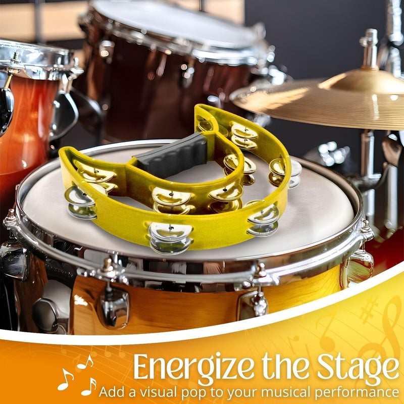 Flexzion Tambourine Metal Half Moon Musical Instruments Double Row Metal Jingles Hand Held Instruments Percussion with Ergonomic Handle Grip, Tambourines for Adults Church, Yellow - Image 5