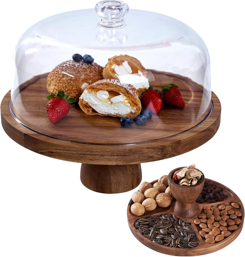 LiTY Cake Stand with Lid, Multi-Functional 12in Round Cake Holder, Acacia Wood 2-in-1 Dessert Table Display Set, Charcuterie Board for Cheese ,Fruit Platter, Large Acrylic Cake Dome Cover - Image 1