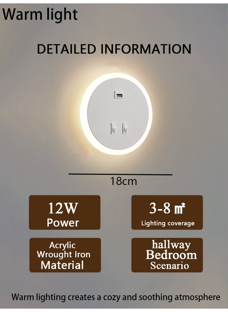 Round Halo Wall Sconce with USB Port and Dual-Control Switch — Warm-Toned Bedroom Bedside Wall Sconce - Image 2