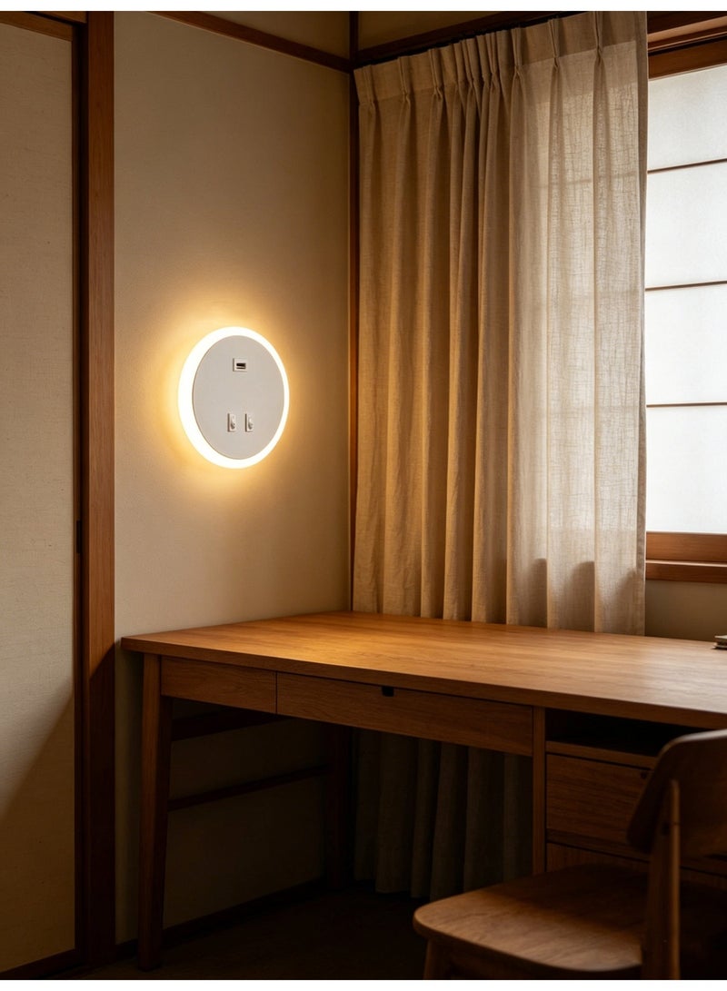 Round Halo Wall Sconce with USB Port and Dual-Control Switch — Warm-Toned Bedroom Bedside Wall Sconce - Image 5