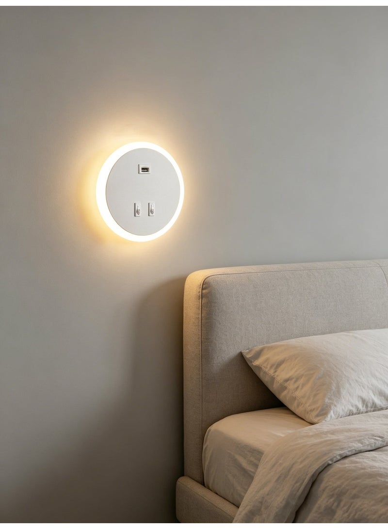 Round Halo Wall Sconce with USB Port and Dual-Control Switch — Warm-Toned Bedroom Bedside Wall Sconce - Image 4