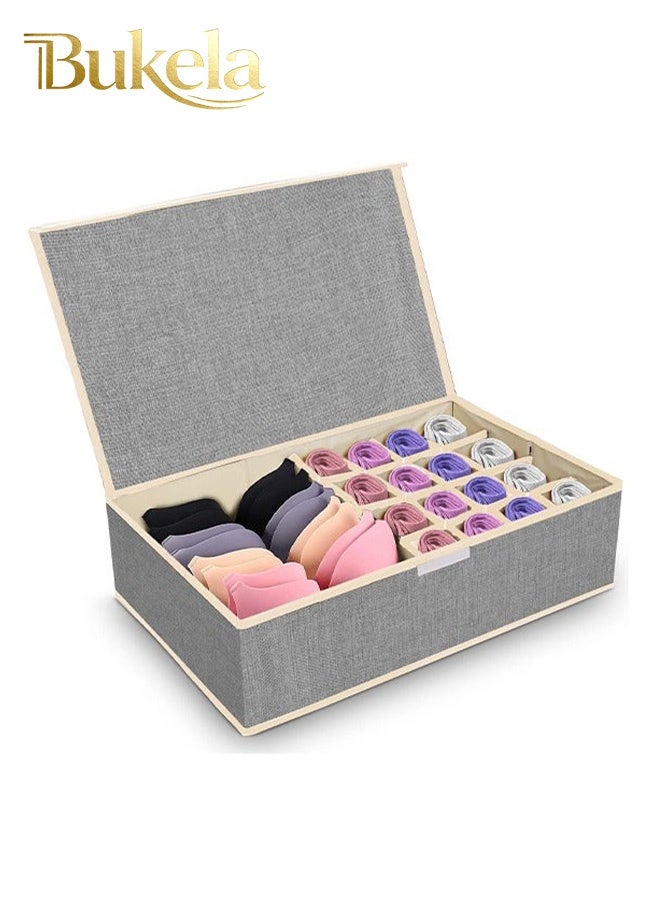 Bukela Clothes Underwear Drawer Organizer with Lid, 17 Cells Bra Closet Organizers, Foldable Underwear Storage Box, Fabric Divider Drawer Compartment for Clothing Underwear Bras Socks - Image 1
