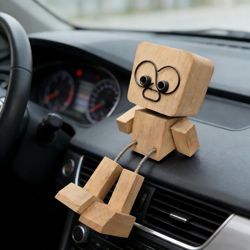 Repnalm Car Dashboard & Desk Decorations, Shaking Wooden Man Figurine, Funny Desktop Decor Car Accessories, Shaking Feet Wooden Doll Car Dashboard with 12pcs Magnetic Expressions - Image 1