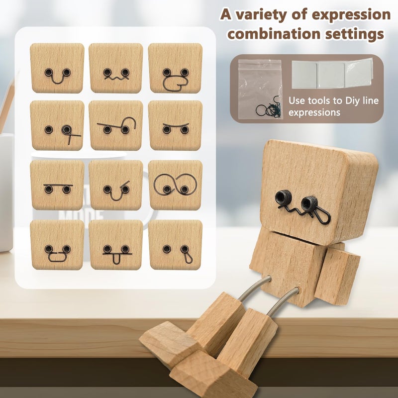 Repnalm Car Dashboard & Desk Decorations, Shaking Wooden Man Figurine, Funny Desktop Decor Car Accessories, Shaking Feet Wooden Doll Car Dashboard with 12pcs Magnetic Expressions - Image 3