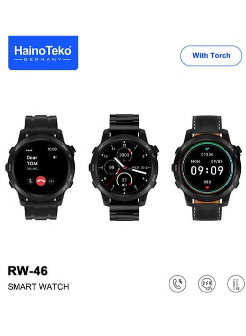 Haino Teko RW46 Round Shape AMOLED Display Smart Watch with Built-in Torch | 3 Pairs of Straps, Wireless Charger, Heart Rate Monitor, Bluetooth Calling, Waterproof – Designed for Gents & Boys (Black) - Image 1