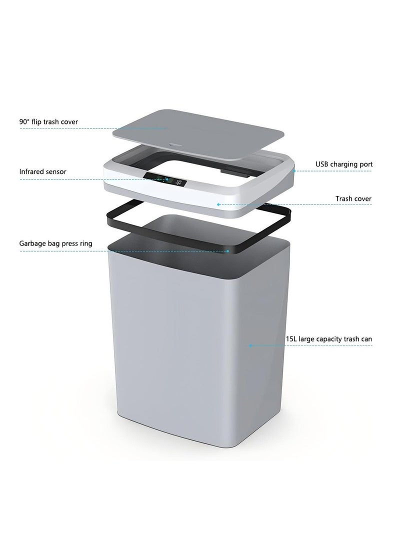 Beauenty Rechargeable Induction Trash Can, Home Kitchen Electric Smart USB Rechargeable 3D Stereo Induction Full-Scale Open Lid Trash Can 16L  - Image 5
