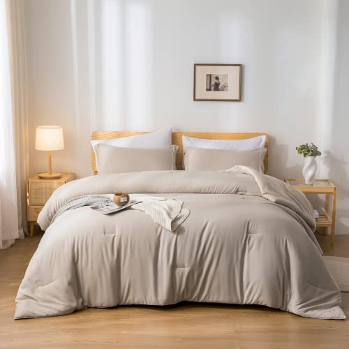 weigelia Full Size Comforter Set 7 Pieces Oatmeal Comforter Set Microfiber Comforters Full Size with Sheets Soft Fluffy Bedding Set with Sheets for All Season - Image 1