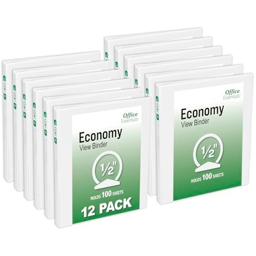 Office Essentials Economy View 3 Ring Binders, 0.5" Round Rings, 0.7" Spine, 100-Sheet Capacity, White Binders (12-Pack of 03422) - Image 1