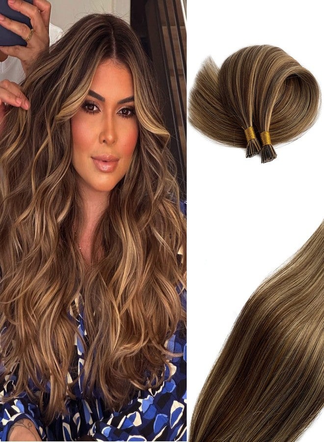 Smavida I Tip Hair Extensions 100% Real Human Hair Keratin Tip Dark Brown with Blonde Highlights Long Straight Hair Extensions Human Hair Thick Hair Itip Hair Fusion Extensions Human Hair for White Women - Image 1