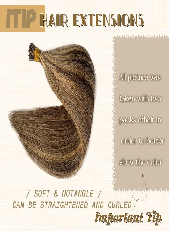 Smavida I Tip Hair Extensions 100% Real Human Hair Keratin Tip Dark Brown with Blonde Highlights Long Straight Hair Extensions Human Hair Thick Hair Itip Hair Fusion Extensions Human Hair for White Women - Image 2