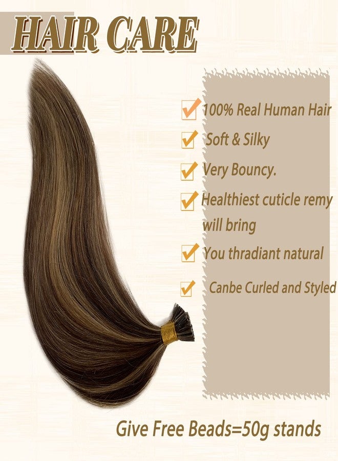 Smavida I Tip Hair Extensions 100% Real Human Hair Keratin Tip Dark Brown with Blonde Highlights Long Straight Hair Extensions Human Hair Thick Hair Itip Hair Fusion Extensions Human Hair for White Women - Image 4