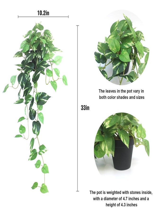 alyptus Fake Hanging Plants Artificial Decor Set of 2 Indoor Outdoor Realistic Silk Devil's Ivy Hanging Potted Plants Faux Greenery Plant Pothos Vines With Pot for Home Shelf Decoration (Golden Green) - Image 3
