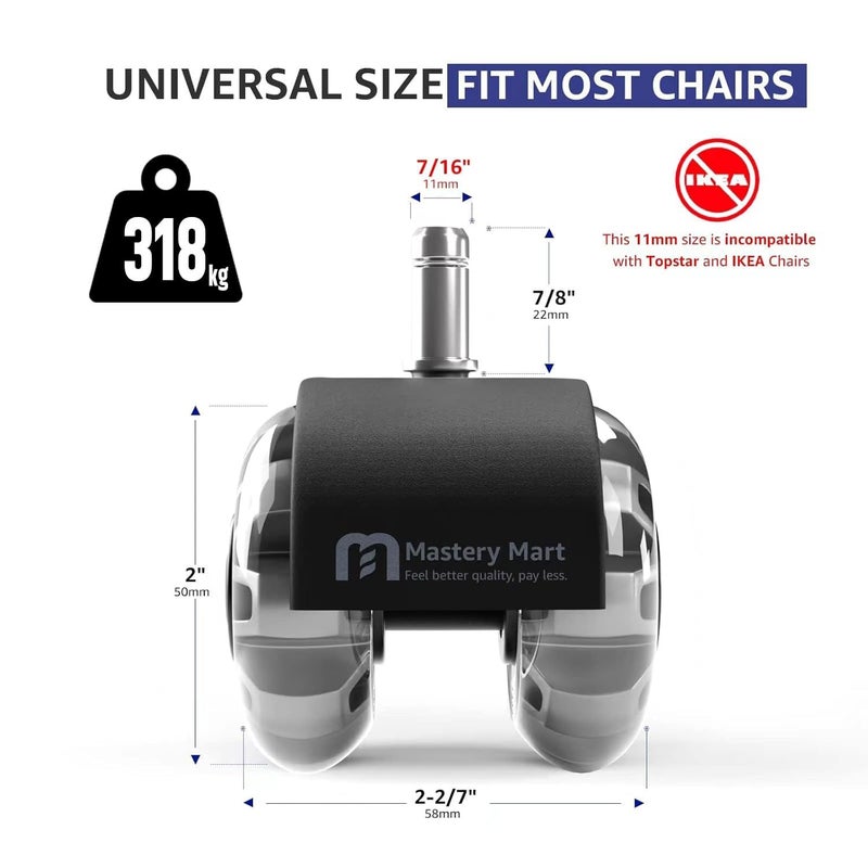 Mastery Mart Office Chair Caster Wheels for Hardwood Floors, Heavy Duty and Quiet Smooth Rollerblade Wheels for Office Chair, Universal Size (11x22mm), Suitable for Most Chairs - Image 3