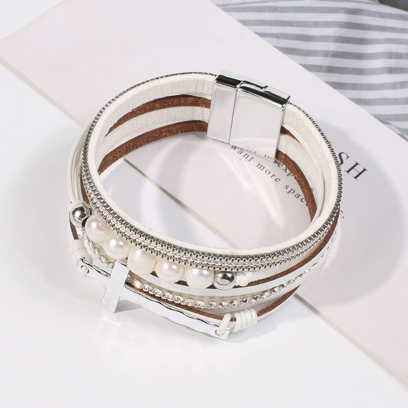 Vercret Leather Wrap Bracelet for Women - Multi-Layer Bracelets with Magnetic Clasp Bangle Cuff Stacked Bracelet for lady and Mother - Image 3