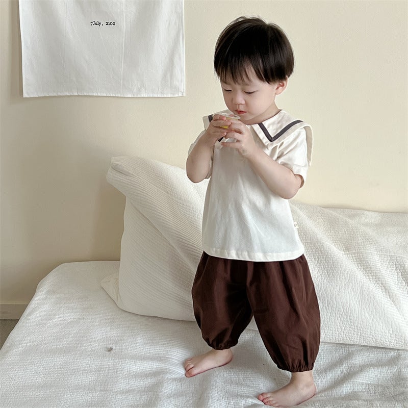 Boys Summer Wear Thin Korean Style Childrens Wear Baby Summer Academy Style Lapp T-Shirt Anti-mosquito Pants Set Baby Clothes Brown anti-mosquito pants