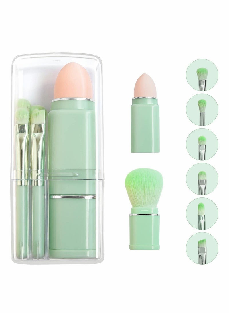 KASTWAVE Makeup Brush, 8 in 1 Travel Small Brush Portable, Lip Eyeshadow Beauty Sponge, Concealer brush, Foundation Blending Powder Brushes Retractable Sets, Light Green - Image 1