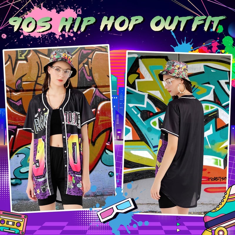 WILDPARTY 80S 90S Outfit For Women  Unisex Hip Hop Costume Baseball Jersey Shirt Yoga Pants Bucket Hat Gold Chain Rapper Accessories - Image 4