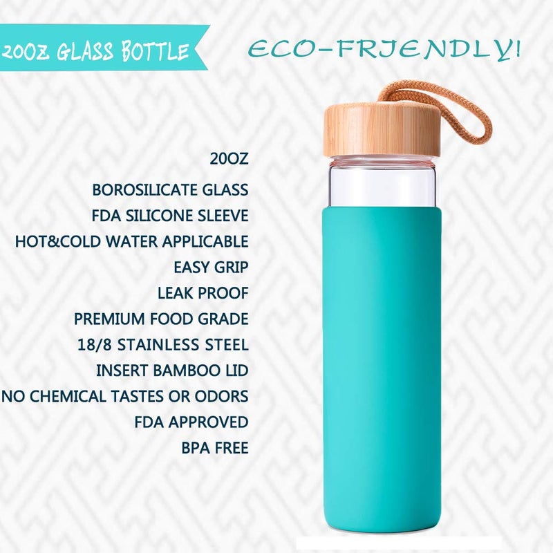 Yomious 20 Oz Borosilicate Glass Water Bottle with Bamboo Lid and Silicone Sleeve - Reusable BPA Free - Glass Drinking Bottle with Lids - Cute Glass Bottle for Women - Glass Shaker Bottle - Image 5