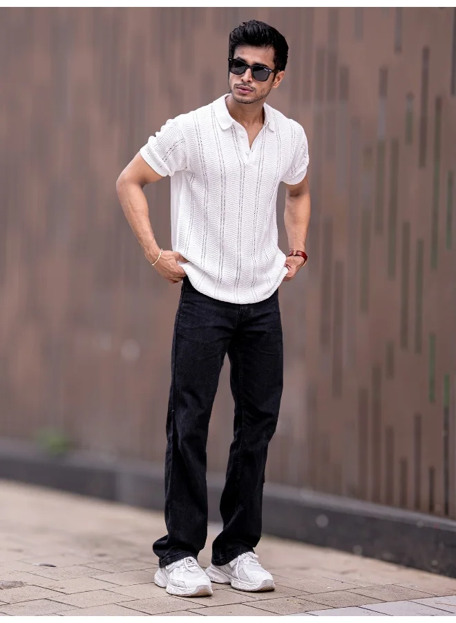 Maniac Bohemian Crochet Striped White Tshirt
