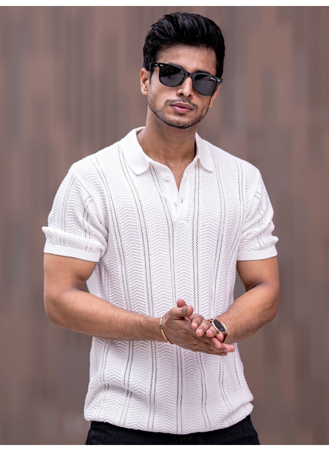 Maniac Bohemian Crochet Striped White Tshirt  - Image 1