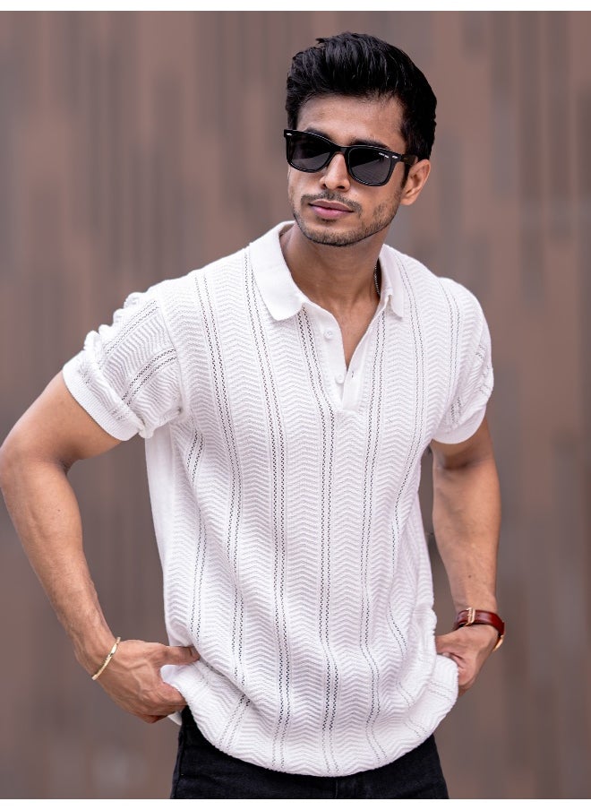 Maniac Bohemian Crochet Striped White Tshirt  - Image 2