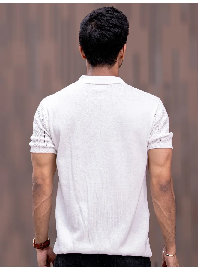 Maniac Bohemian Crochet Striped White Tshirt