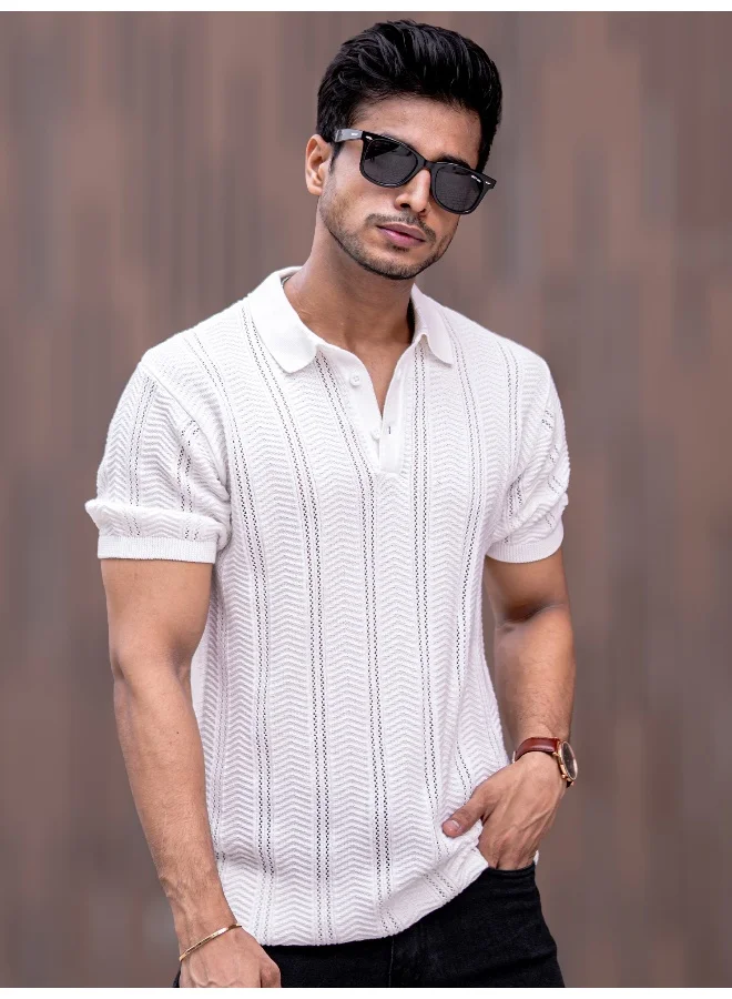Maniac Bohemian Crochet Striped White Tshirt