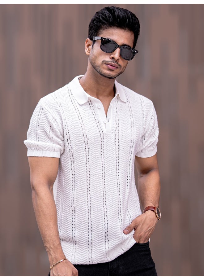 Maniac Bohemian Crochet Striped White Tshirt  - Image 5