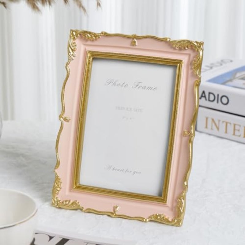 4x6 Vintage Picture Frame Pink and Gold Photo Frame, 4 by 6 Picture Frames Ornate Textured Hand-Crafted Resin with Glass Front for Tabletop Display, Retro Design Home Decor - Image 2