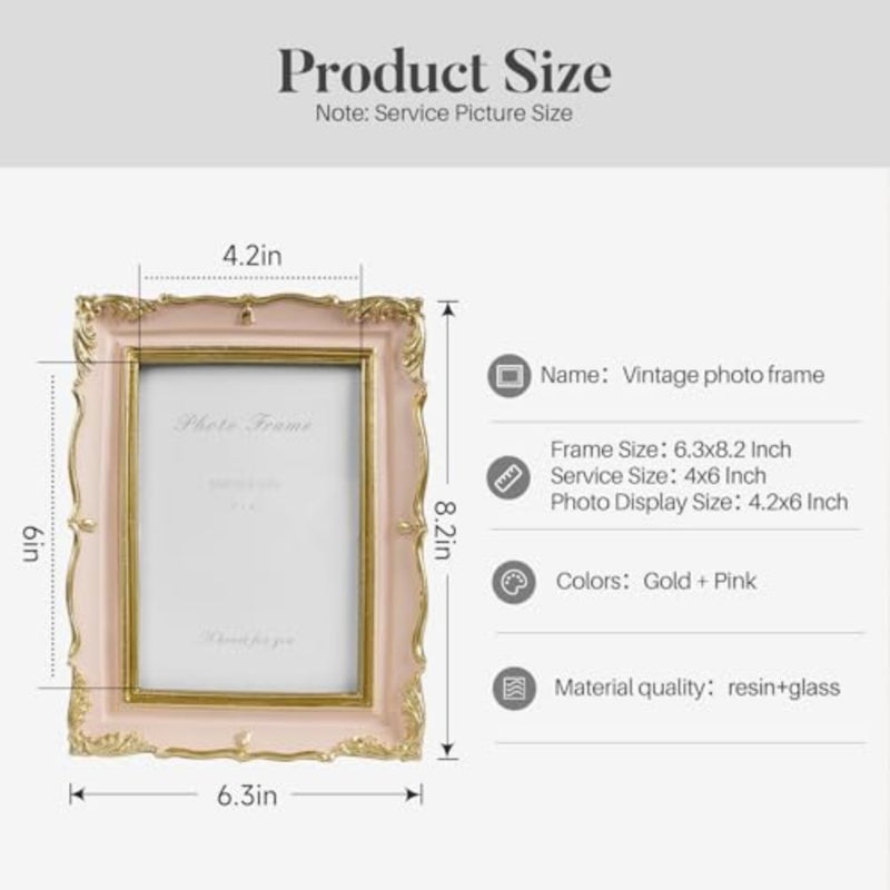 4x6 Vintage Picture Frame Pink and Gold Photo Frame, 4 by 6 Picture Frames Ornate Textured Hand-Crafted Resin with Glass Front for Tabletop Display, Retro Design Home Decor - Image 5