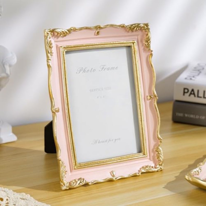 4x6 Vintage Picture Frame Pink and Gold Photo Frame, 4 by 6 Picture Frames Ornate Textured Hand-Crafted Resin with Glass Front for Tabletop Display, Retro Design Home Decor - Image 3