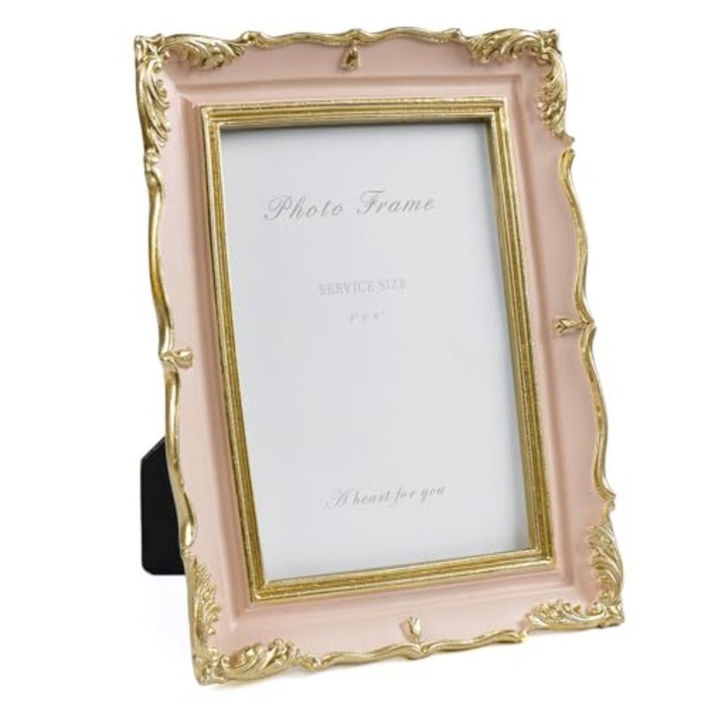 4x6 Vintage Picture Frame Pink and Gold Photo Frame, 4 by 6 Picture Frames Ornate Textured Hand-Crafted Resin with Glass Front for Tabletop Display, Retro Design Home Decor - Image 1