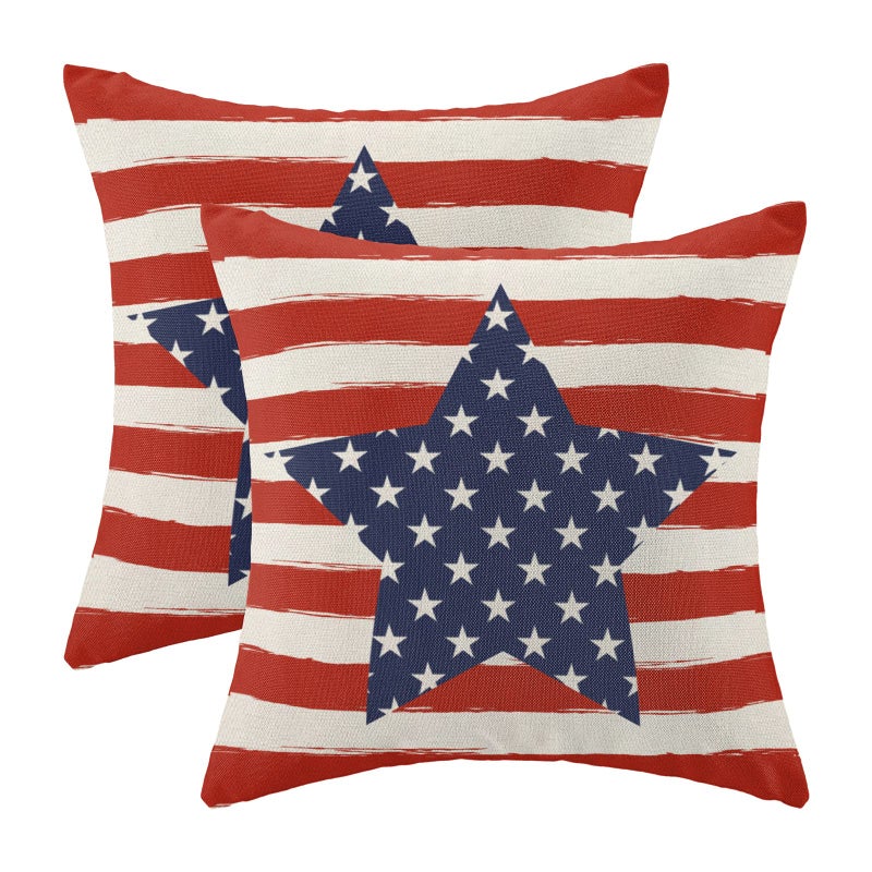 4th of July Pillow Covers 18x18 Inch Set of 2 Memorial Day Independence Day Red Stripe Blue Star Decor Throw Pillows American Flag USA Patriotic Outdoor Cushion Cases for Couch Bed Decorations