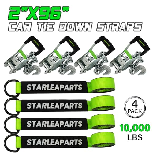 STARLEAPARTS Premium Wheel Straps (4PK) - 10,000lb Guaranteed Max Break Strength - 2" Ratchet with G70 Chain Anchor Hook and 2" X8ft Lasso Strap, Perfect Car Tie Down Straps for Truck, Cars, UTV(Green) - Image 2